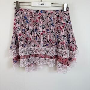 Anthropologie Fairy Mini Skirt M Pink Floral Tiered Ruffle Lace Cottage Coquette